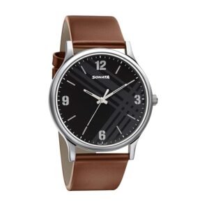 Sonata Smart Plaid Black Leather Watch for Men