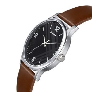 Sonata Smart Plaid Black Leather Watch for Men