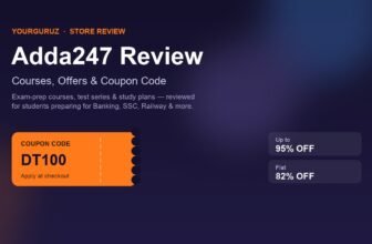Adda247 review featured graphic showing the DT100 coupon code and advertised Flat 82% OFF and Up to 95% OFF offers